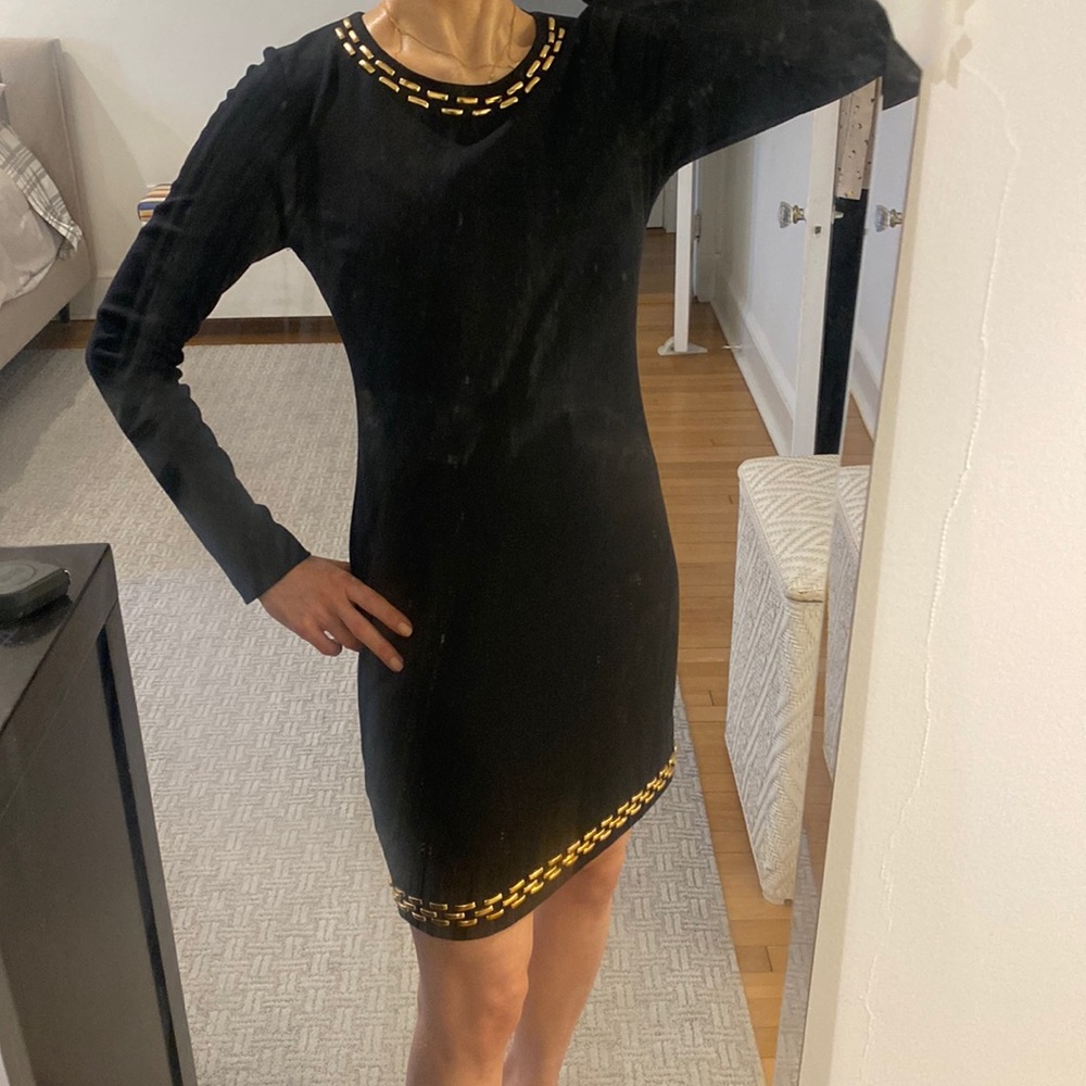 Michael Michael Kore Black Ponte Dress Gold Studs at Color and Hem EUC: Size 2